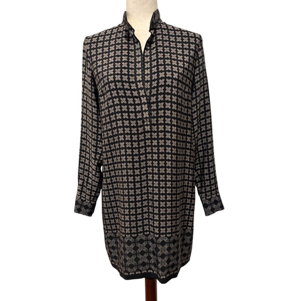 Vince 100% Silk Shirt Dress Black Brown Geometric Women's Size 4
